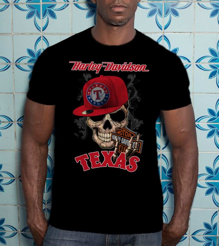 Harley Davidson Texas Skull With Texas Rangers Cap T-Shirt