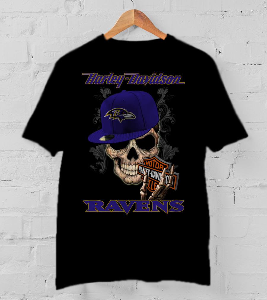Harley Davidson Motor Skull Baltimore Ravens Hat T-Shirt