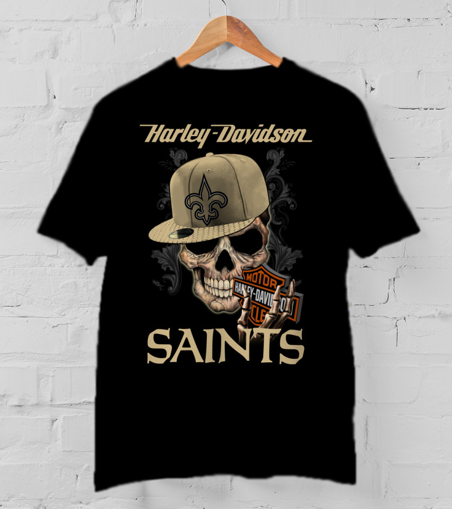 Harley Davidson Saints Skull New Orleans Fleur-De-Lis Moto T-Shirt
