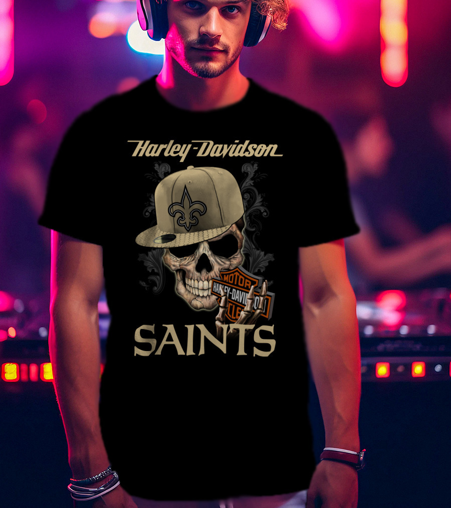 Harley Davidson Saints Skull New Orleans Fleur-De-Lis Moto T-Shirt