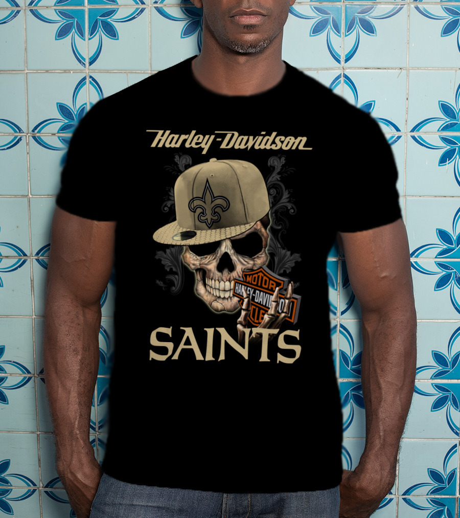 Harley Davidson Saints Skull New Orleans Fleur-De-Lis Moto T-Shirt