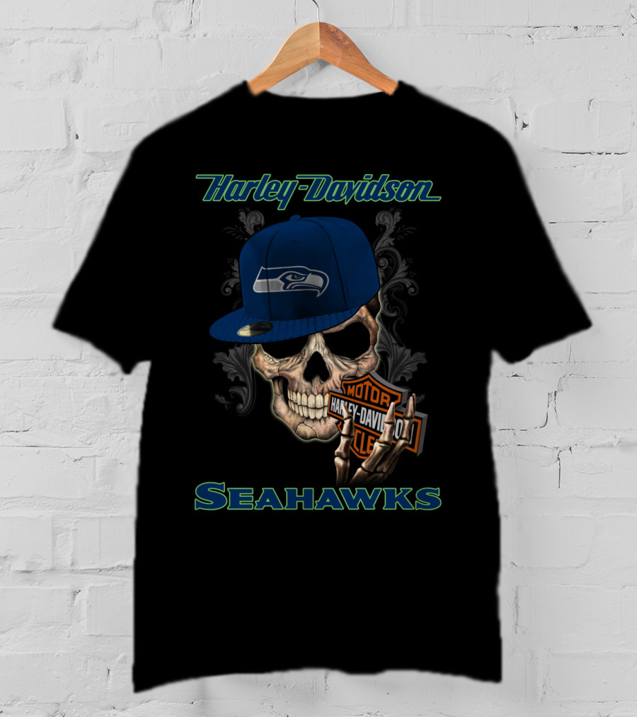Harley Davidson Seattle Seahawks Skull With Seahawks Cap T-Shirt