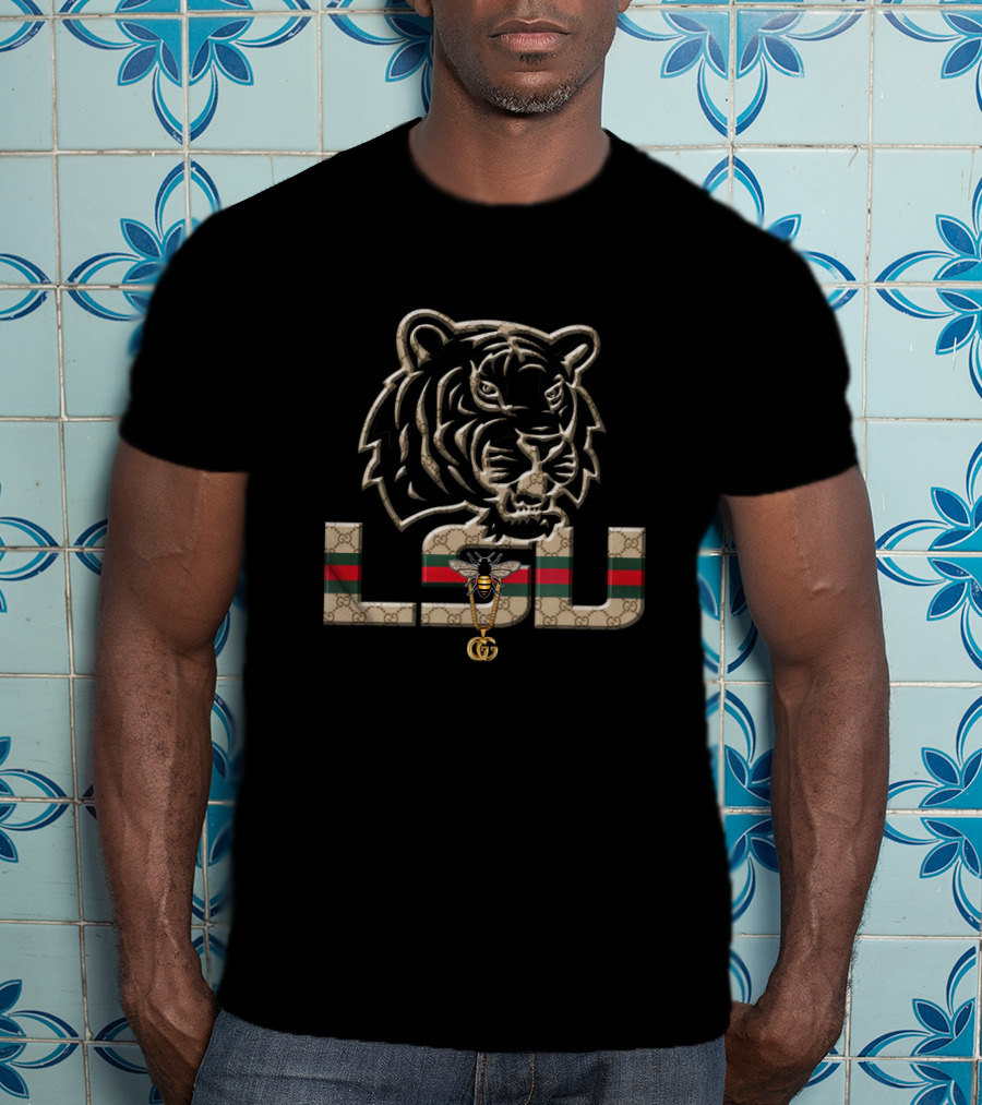Guci NCAA LSU Tigers Tiger Head GG Stripe T-Shirt