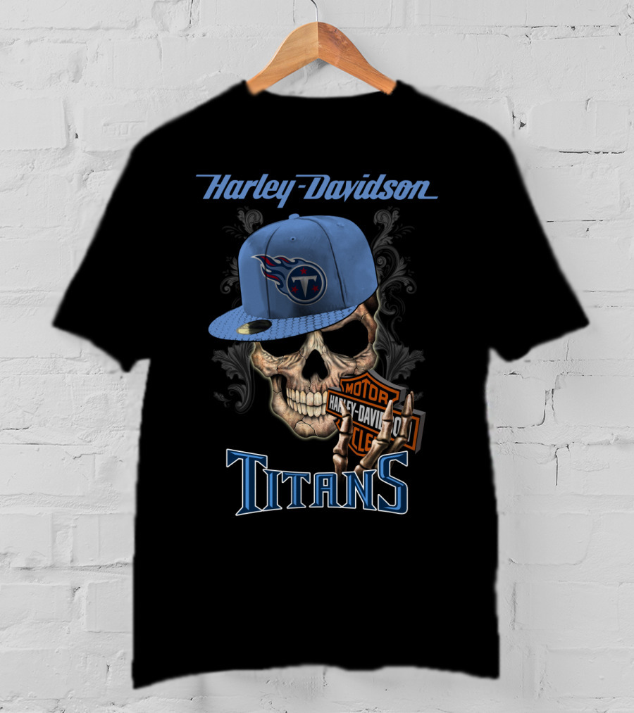 Harley Davidson Skull With Tennessee Titans Cap T-Shirt