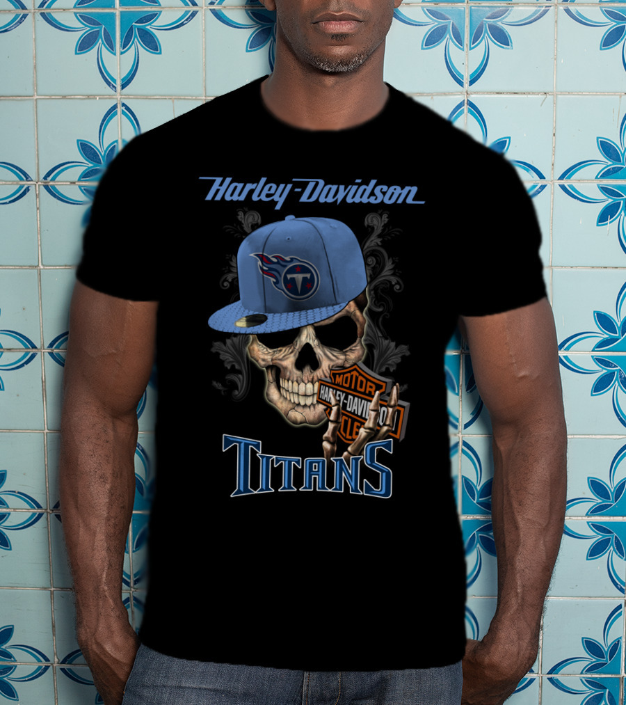 Harley Davidson Skull With Tennessee Titans Cap T-Shirt