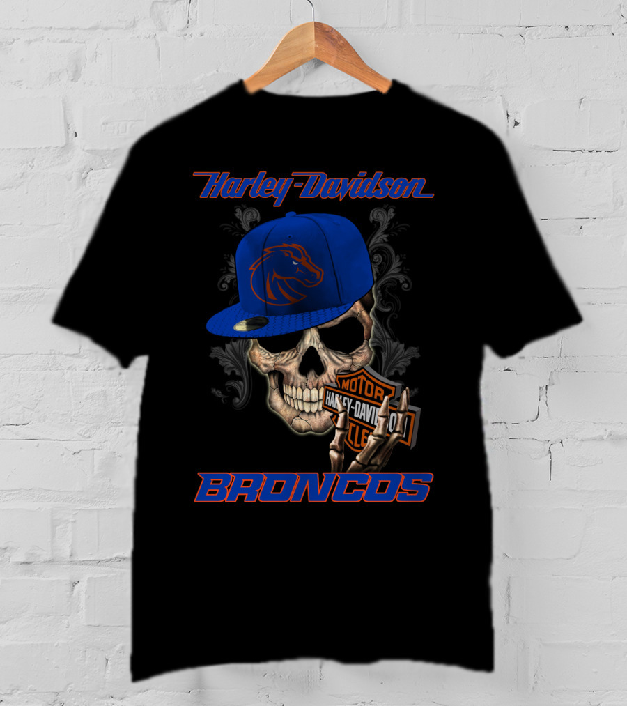 Harley Davidson Skull With Boise State Broncos Cap T-Shirt
