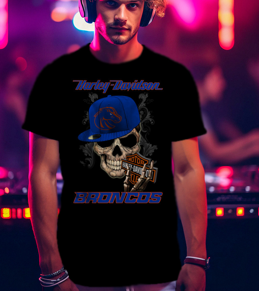 Harley Davidson Skull With Boise State Broncos Cap T-Shirt