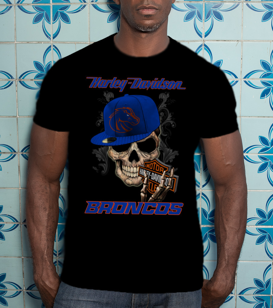 Harley Davidson Skull With Boise State Broncos Cap T-Shirt