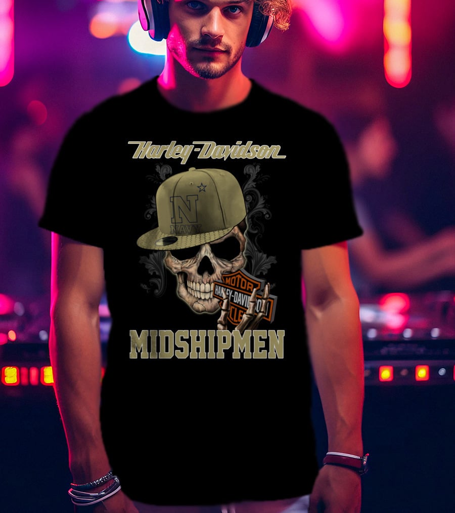 Harley Davidson Navy Midshipmen Skull Hat Motor Cle T-Shirt