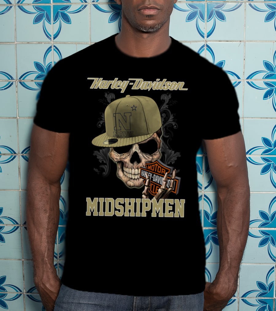 Harley Davidson Navy Midshipmen Skull Hat Motor Cle T-Shirt