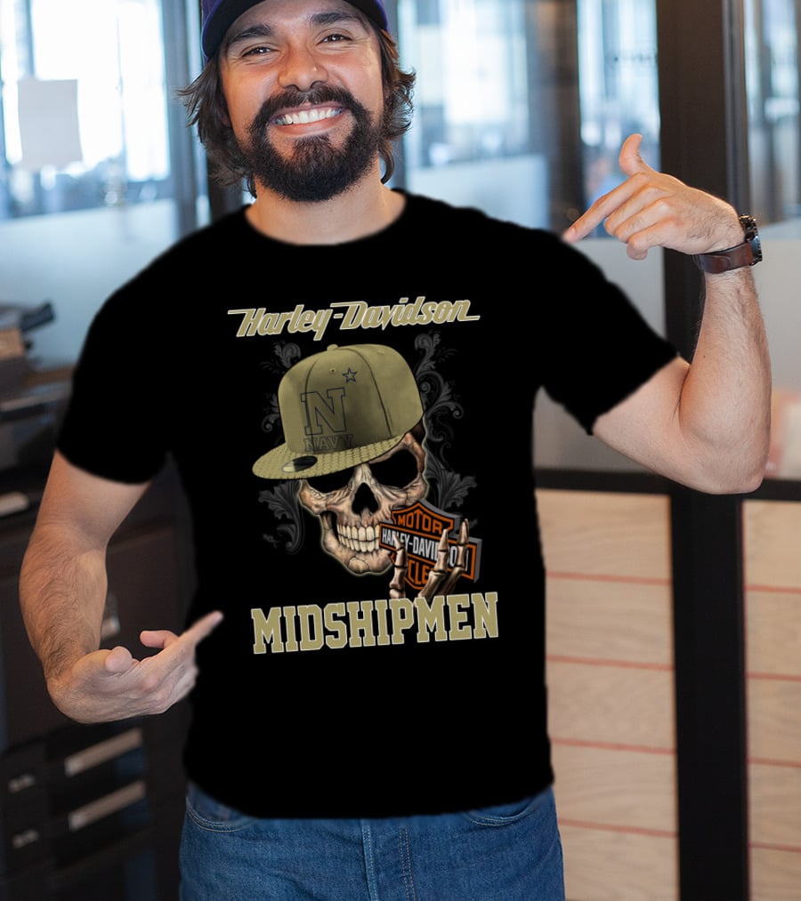Harley Davidson Navy Midshipmen Skull Hat Motor Cle T-Shirt