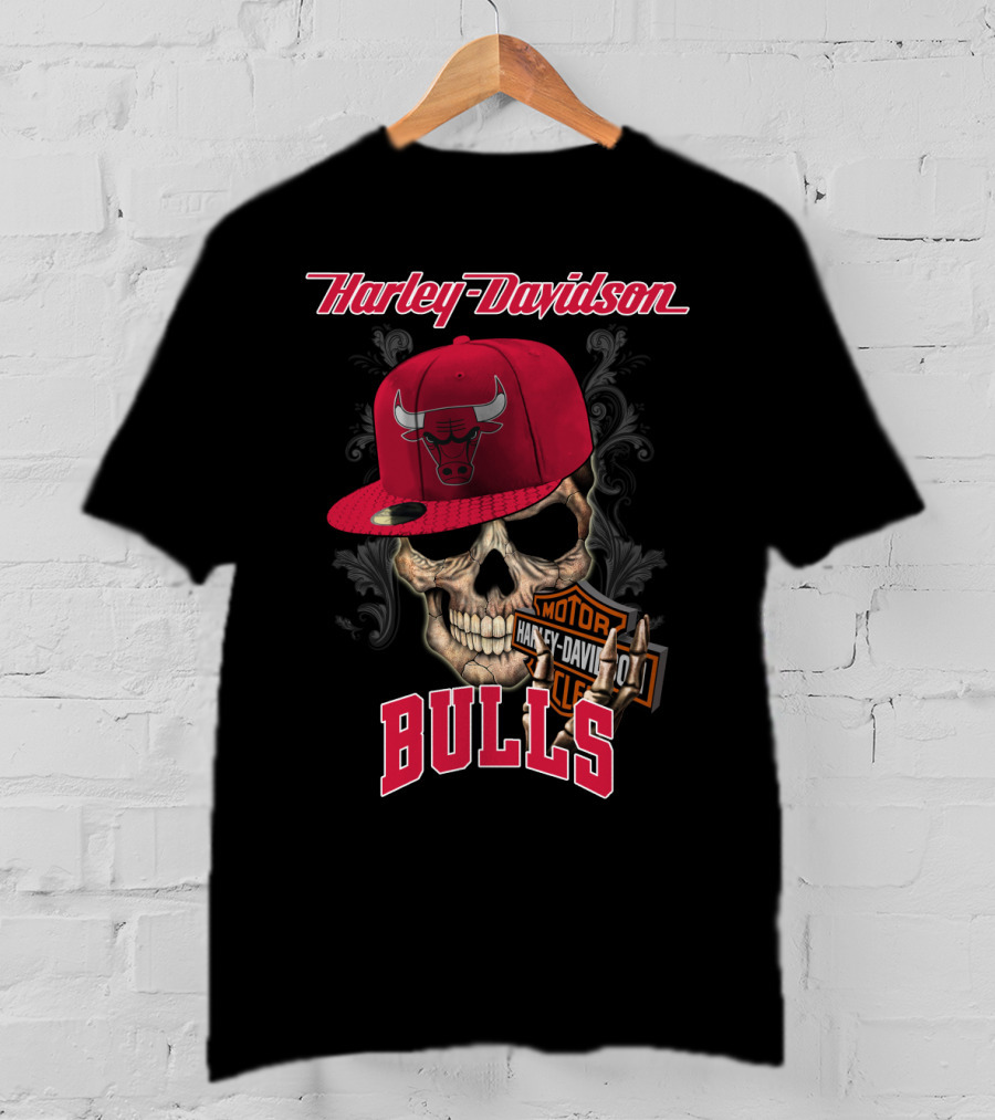Harley Davidson Skull Chicago Bulls Cap With Motorcycle T-Shirt