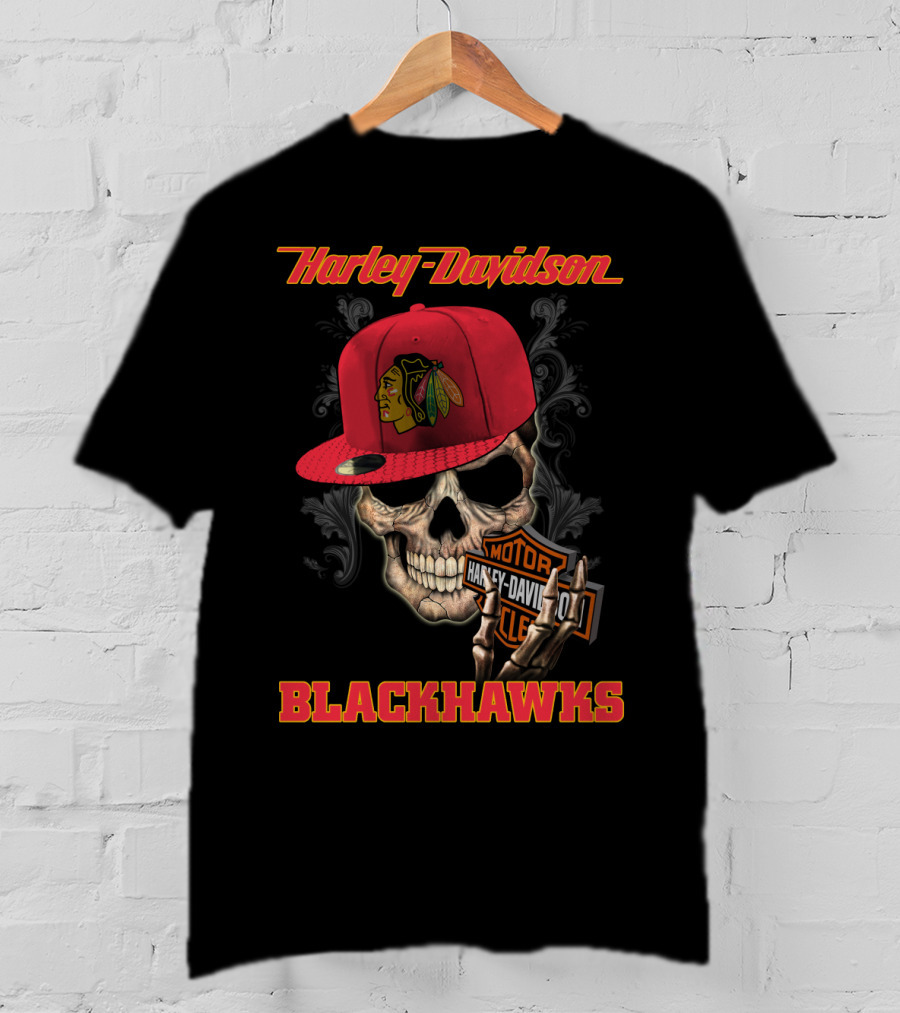 Harley Davidson Skull With Chicago Blackhawks Cap And Motor Cycle T-Shirt