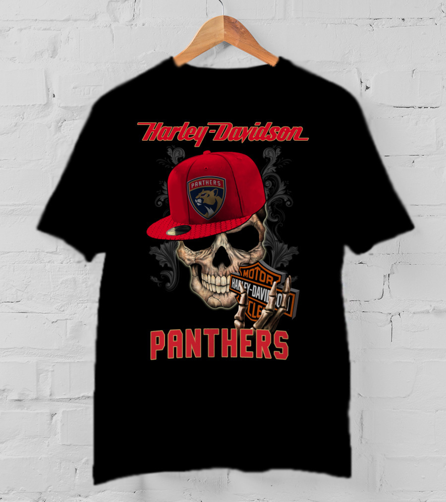 Harley Davidson Skull Florida Panthers Logo With Cap And Motorcycle Badge T-Shirt