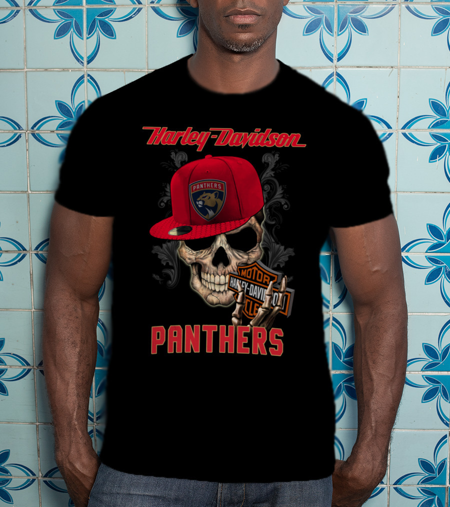 Harley Davidson Skull Florida Panthers Logo With Cap And Motorcycle Badge T-Shirt