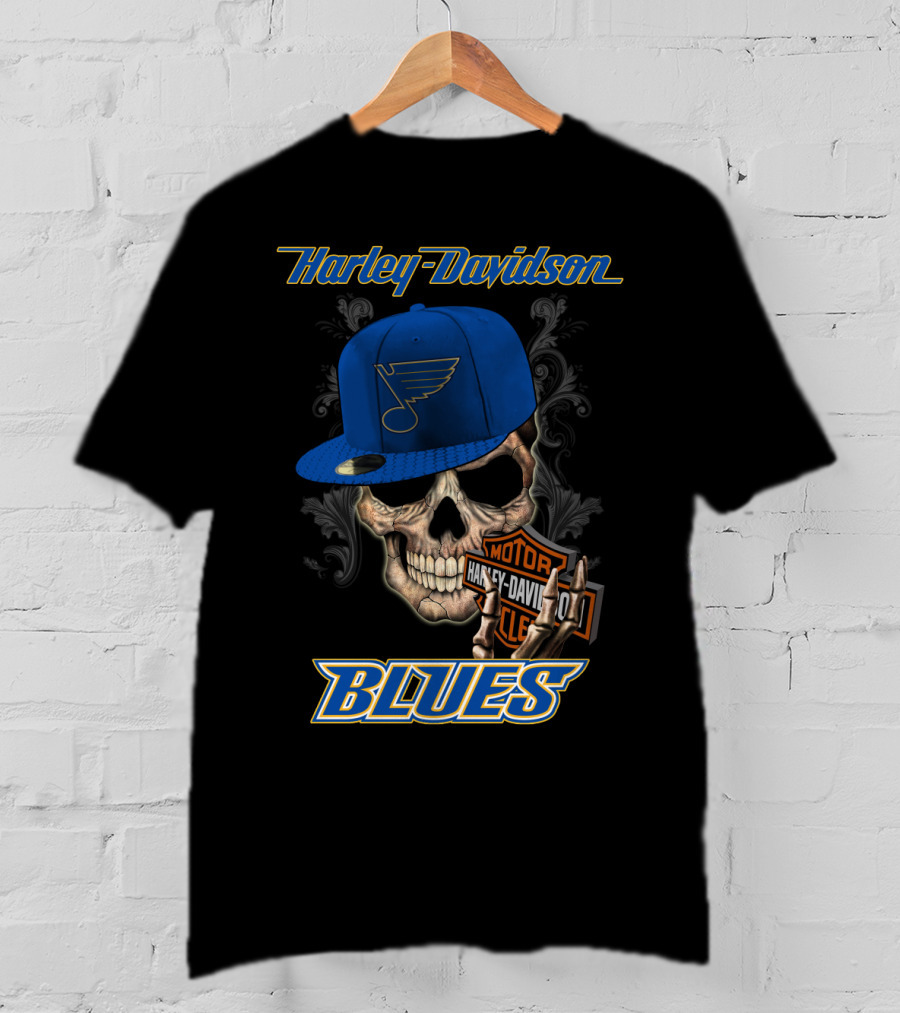 Harley Davidson St Louis Blues Skull Hat Nhl T-Shirt