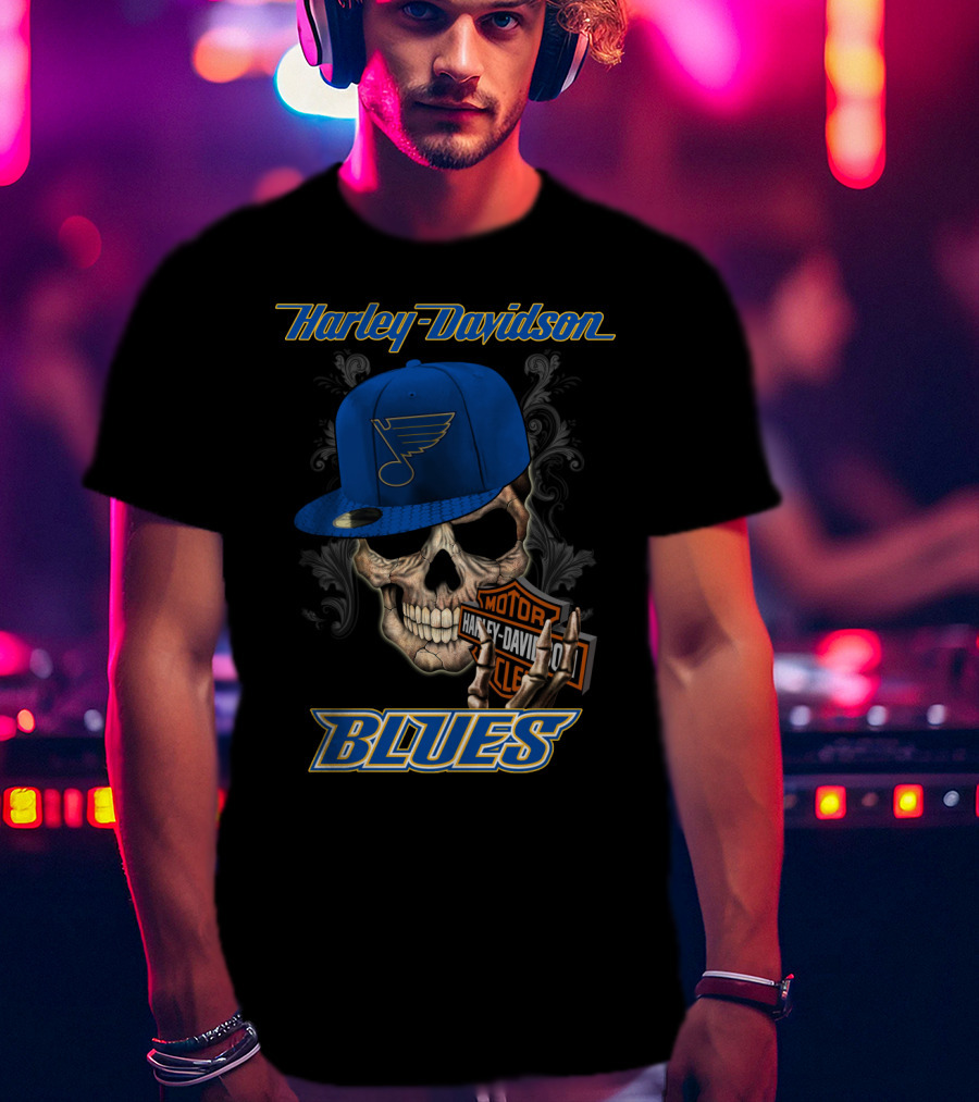 Harley Davidson St Louis Blues Skull Hat Nhl T-Shirt