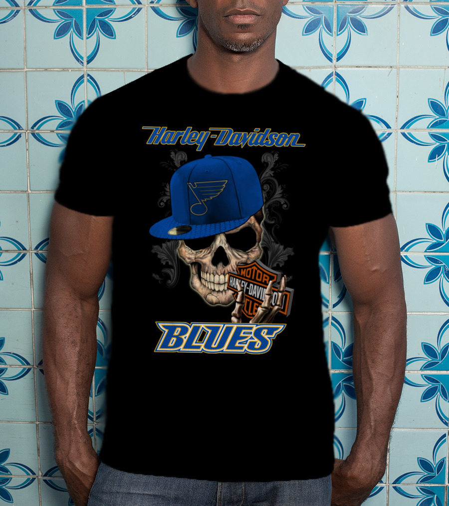 Harley Davidson St Louis Blues Skull Hat Nhl T-Shirt