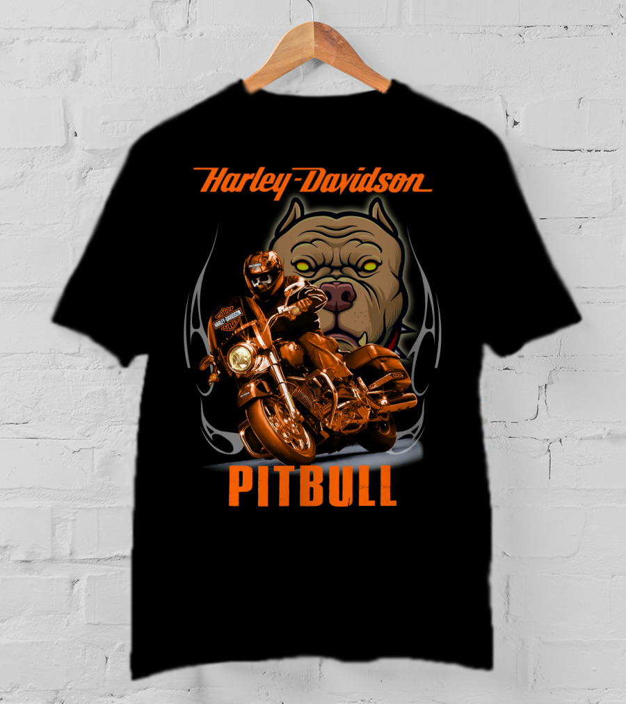 Harley Davidson Pitbull Motorcycle Rider With Dog T-Shirt