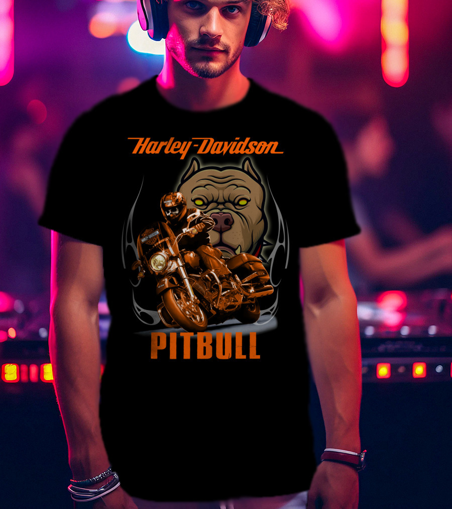 Harley Davidson Pitbull Motorcycle Rider With Dog T-Shirt