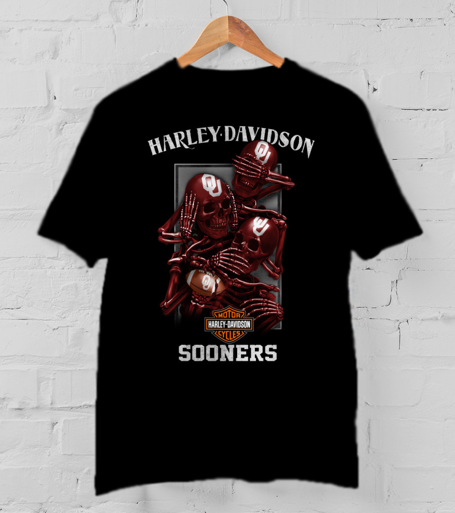 Harley Davidson Ncaa Oklahoma Sooners Motorcycles Football Skulls T-Shirt