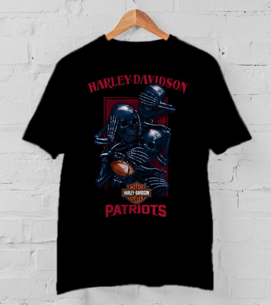 Harley Davidson Motor Cycles New England Patriots Skulls Nfl Football T-Shirt