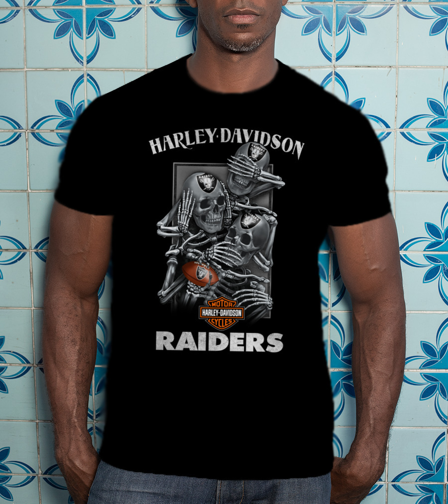 Harley Davidson Motor Cycles Raiders Nfl Oakland Raider Football Skeletons T-Shirt
