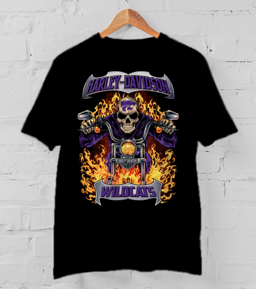 Harley Davidson Kansas State Wildcats Motorcycle Skull Flames T-Shirt