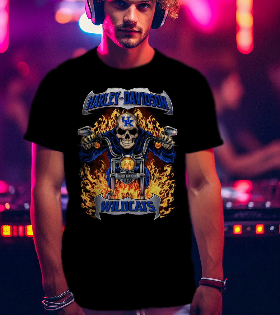 Harley Davidson Wildcats Kentucky Uk Motorcycle Flame Skull T-Shirt