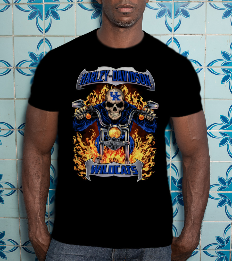 Harley Davidson Wildcats Kentucky Uk Motorcycle Flame Skull T-Shirt