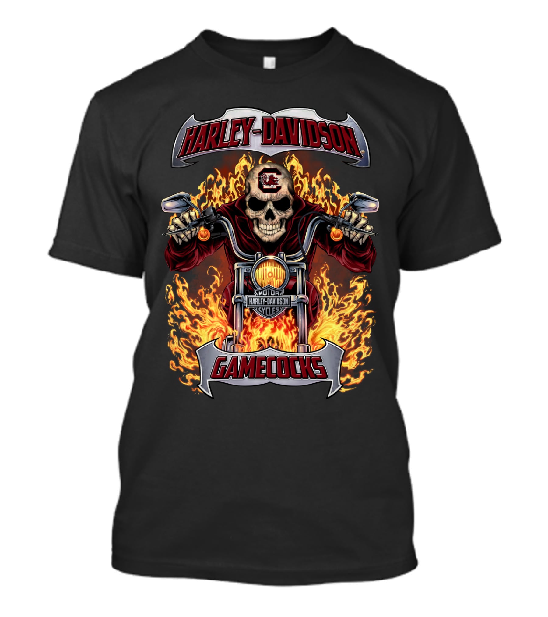 Harley Davidson South Carolina Gamecocks Flaming Skull Motorcycle T-Shirt