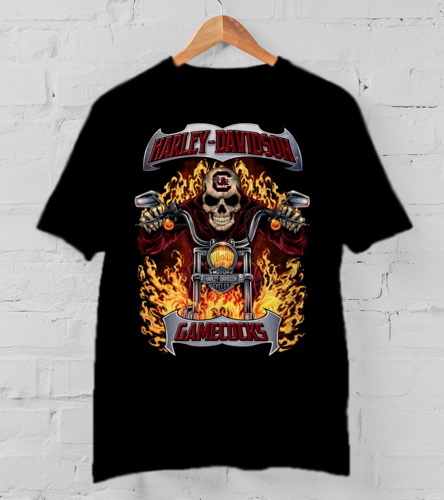 Harley Davidson South Carolina Gamecocks Flaming Skull Motorcycle T-Shirt