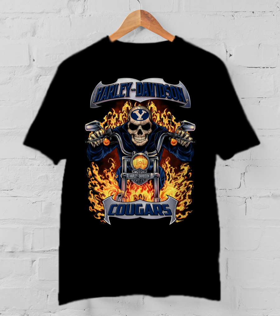 Harley Davidson Cougars Skull Flames Hl1502 Ncaa Byu T-Shirt