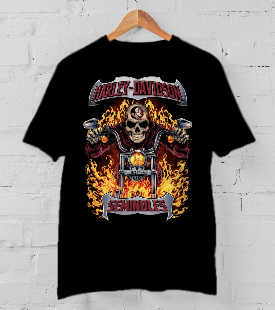 Harley Davidson Seminoles Skull Flames Motorcycle Theme T-Shirt