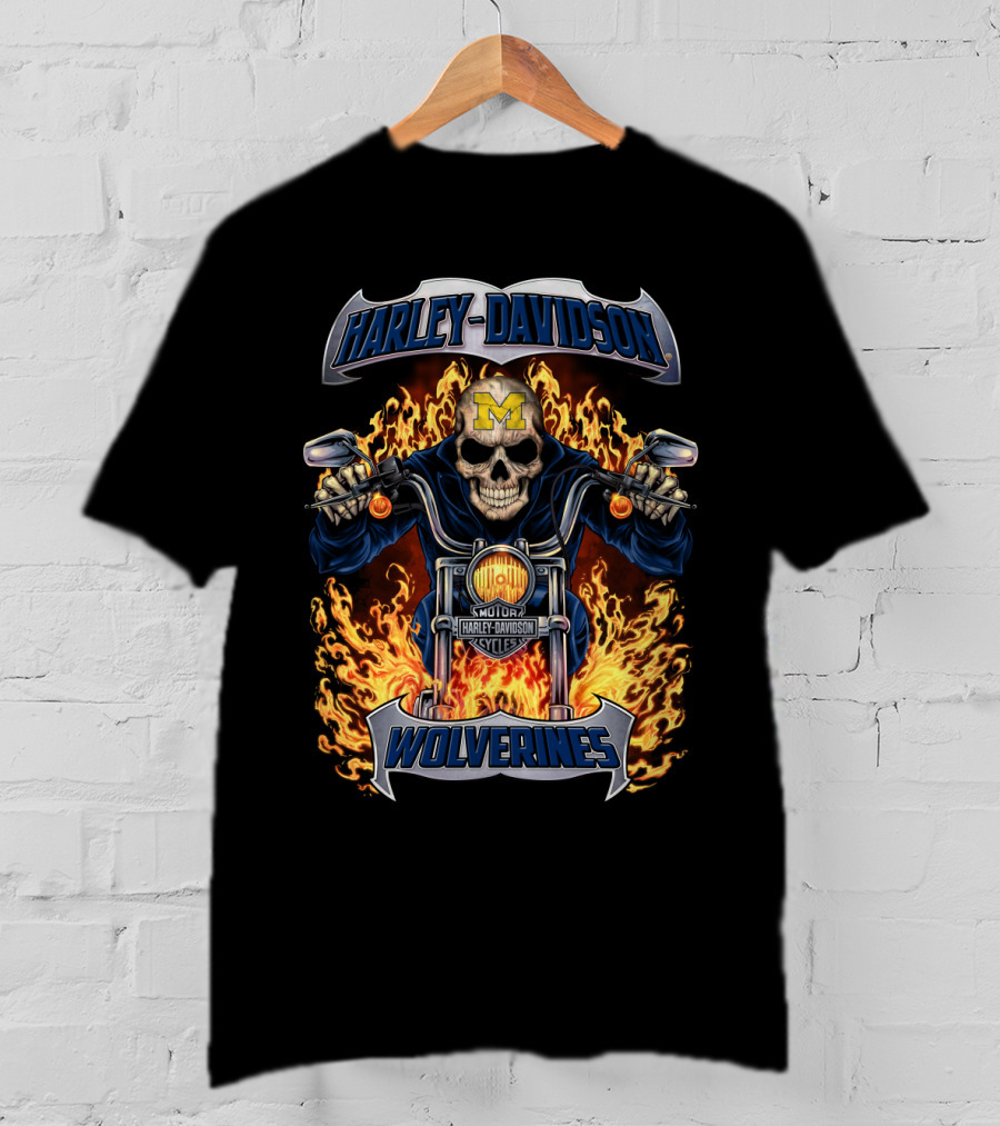 Harley Davidson Michigan Wolverines Skull Flames Motorcycles T-Shirt