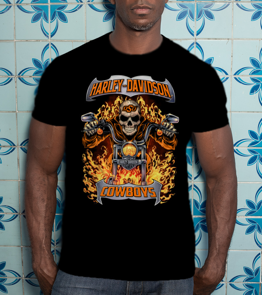 Harley Davidson Oklahoma State Cowboys Osu Skull Flames Motorcycle T-Shirt
