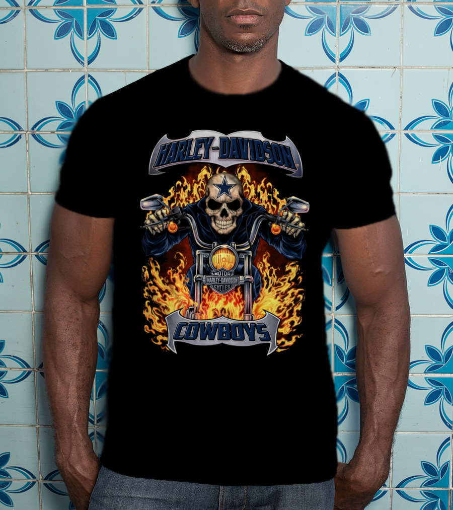 Harley Davidson Cowboys Skull On Fire With Dallas Cowboys Star T-Shirt