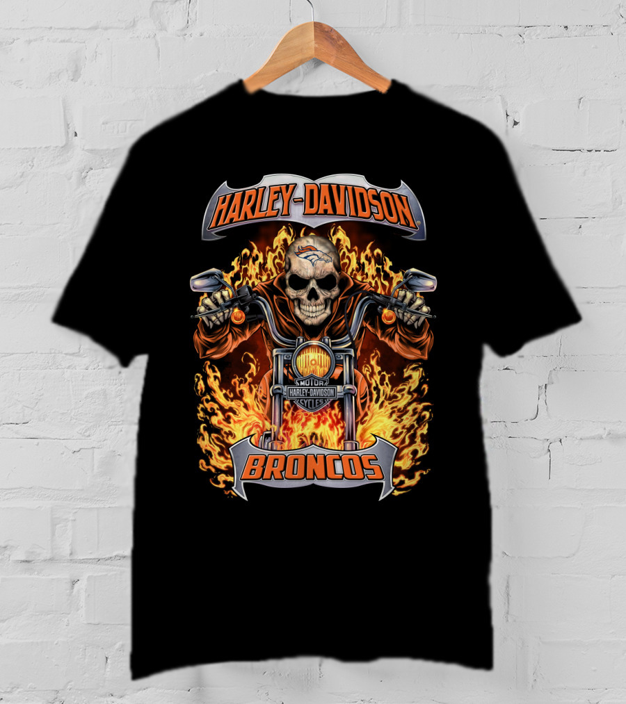 Harley Davidson Denver Broncos Skull Flames Motorcycle Nfl Hl1502 T-Shirt