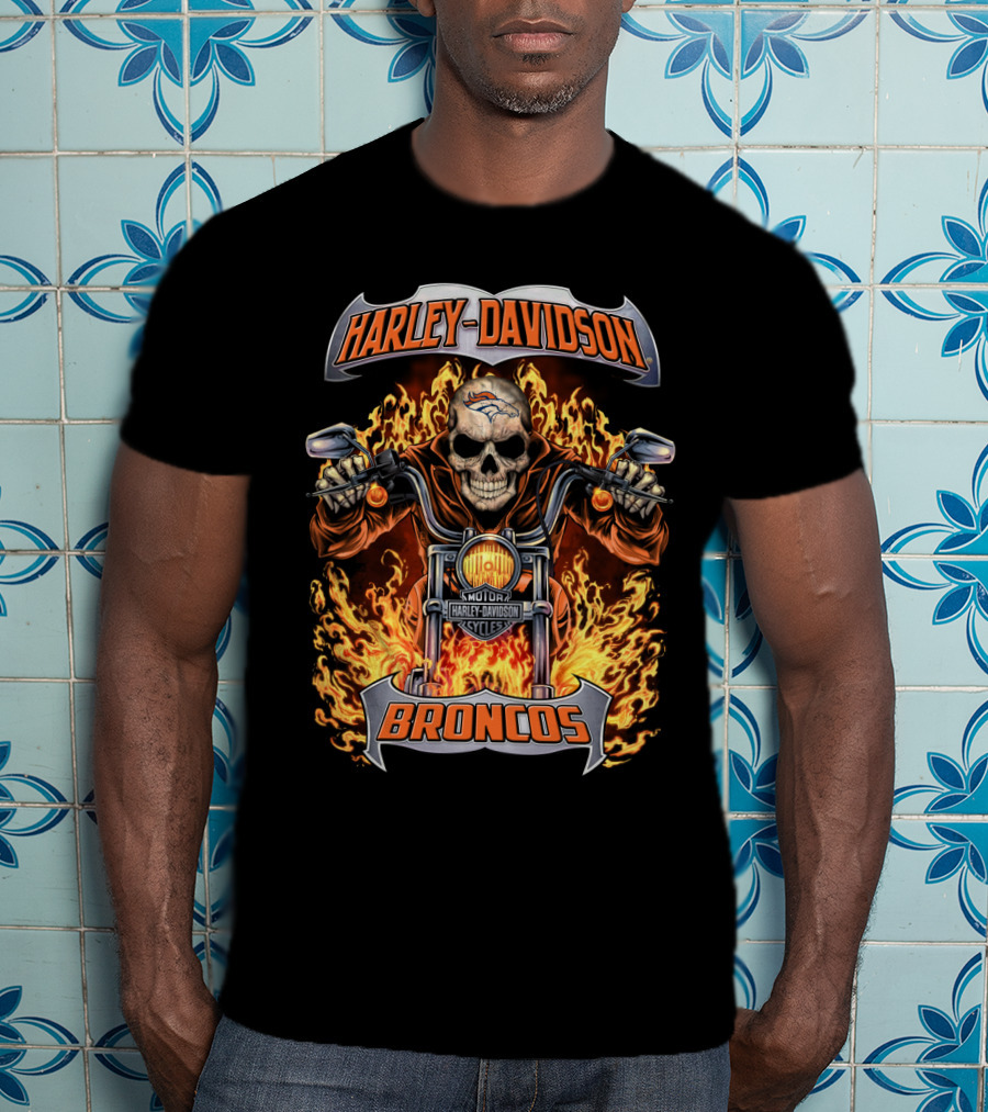 Harley Davidson Denver Broncos Skull Flames Motorcycle Nfl Hl1502 T-Shirt