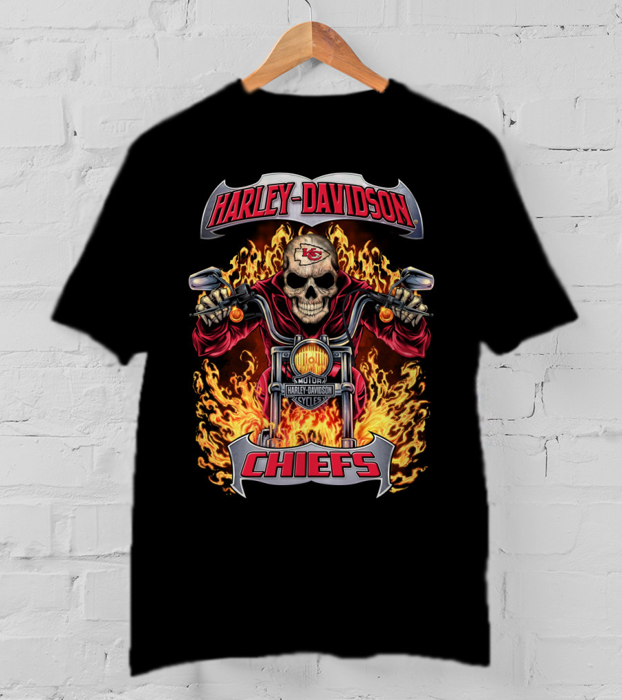 Harley Davidson Kansas City Chiefs Skull Flames Motorcycle T-Shirt