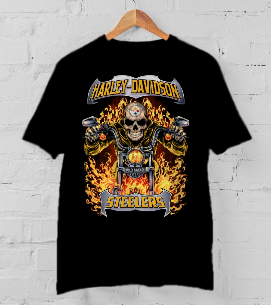 Harley Davidson Steelers Skull Flames Motorcycles Nfl Pittsburgh T-Shirt