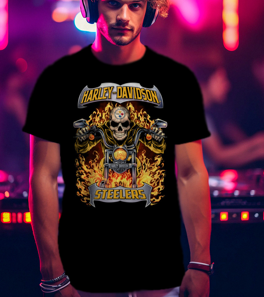 Harley Davidson Steelers Skull Flames Motorcycles Nfl Pittsburgh T-Shirt