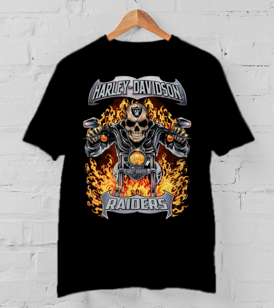 Harley Davidson Raiders Motorcycle Skull Flames T-Shirt