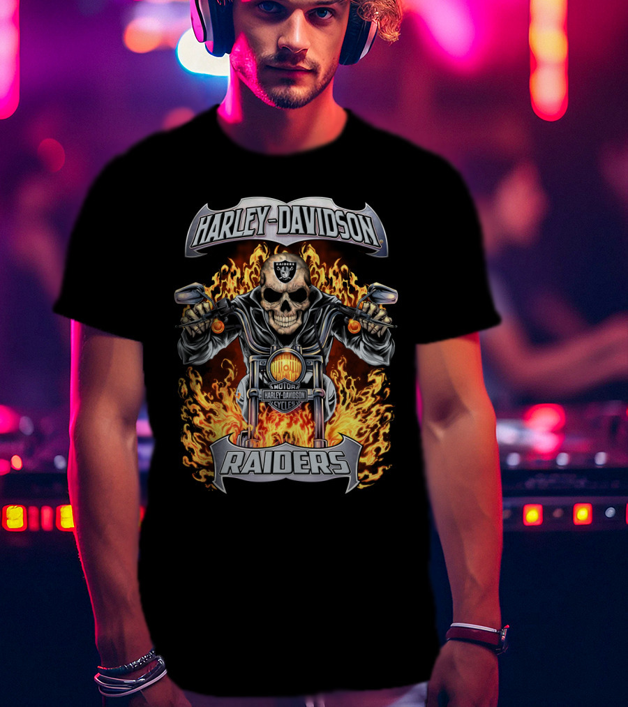 Harley Davidson Raiders Motorcycle Skull Flames T-Shirt
