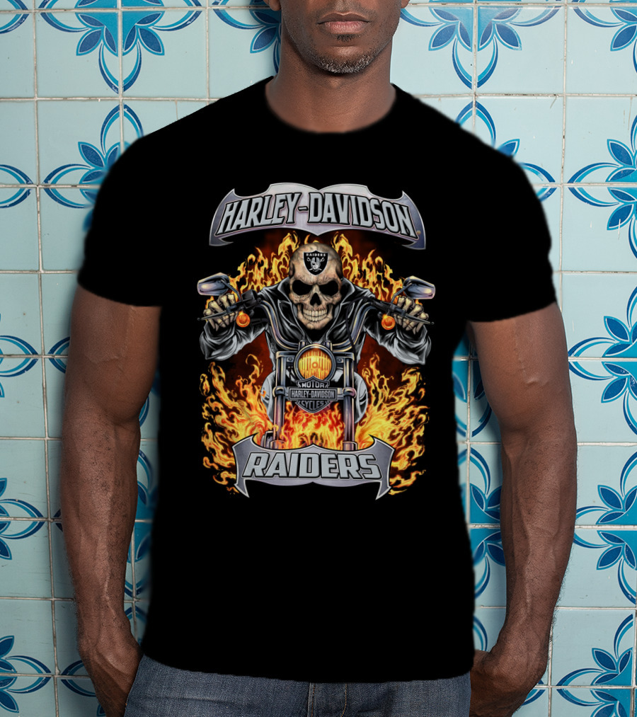 Harley Davidson Raiders Motorcycle Skull Flames T-Shirt