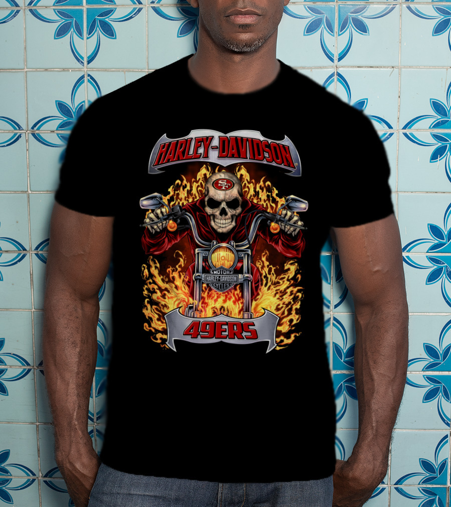 Harley Davidson San Francisco 49ers Skull Rider Flames Nfl 49ers T-Shirt