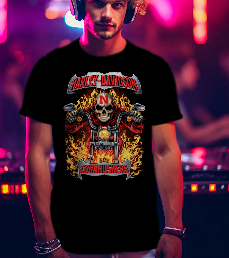 Harley Davidson Nebraska Cornhuskers Skull With Flames Motorcycle T-Shirt