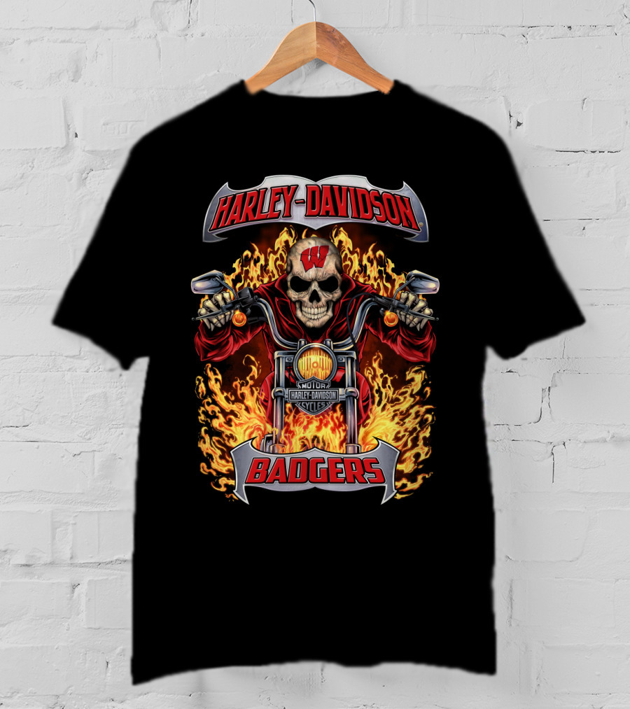 Harley Davidson Wisconsin Badgers Flaming Skull Motorcycle T-Shirt