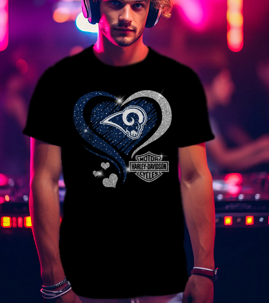 Hd Los Angeles Rams Harley Davidson Sparkle Heart Combination T-Shirt
