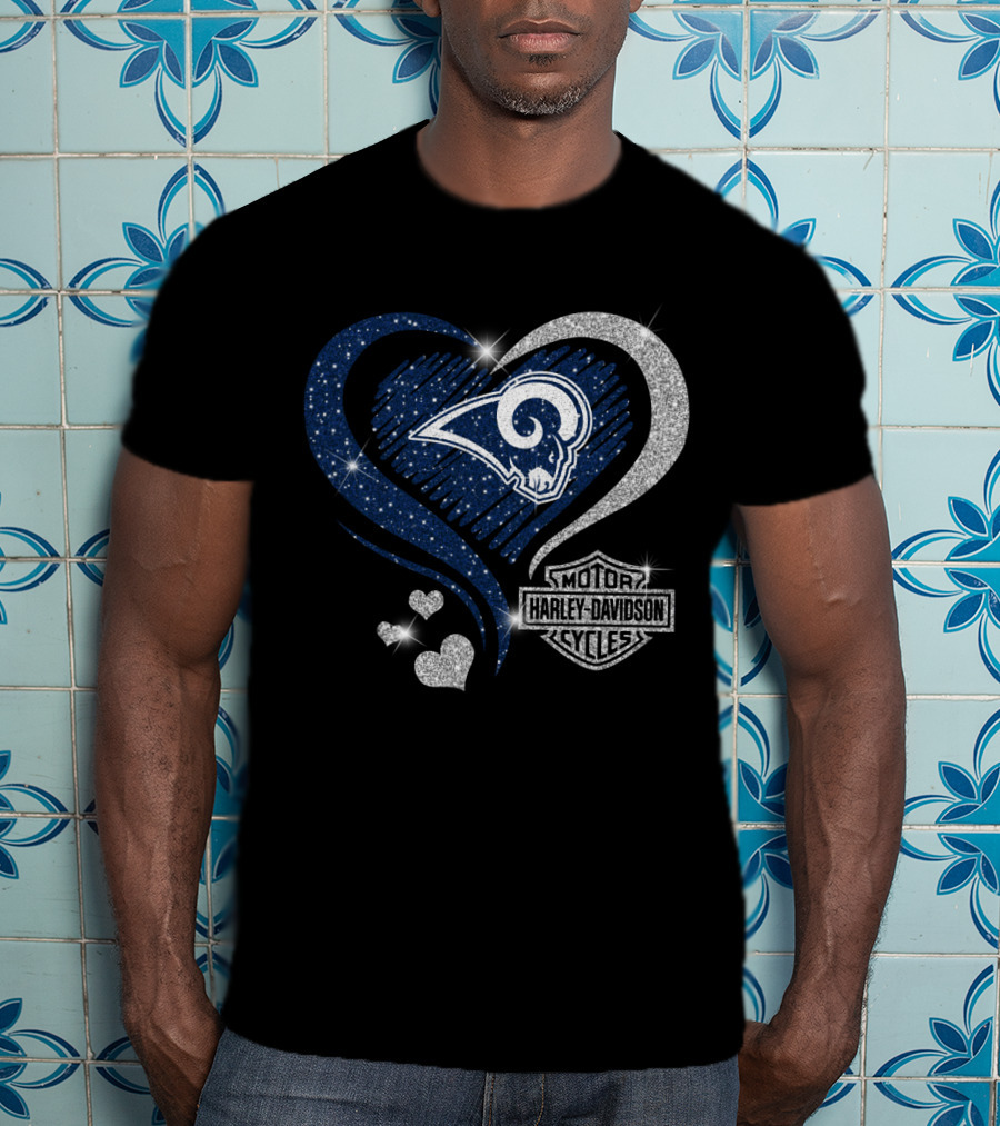 Hd Los Angeles Rams Harley Davidson Sparkle Heart Combination T-Shirt